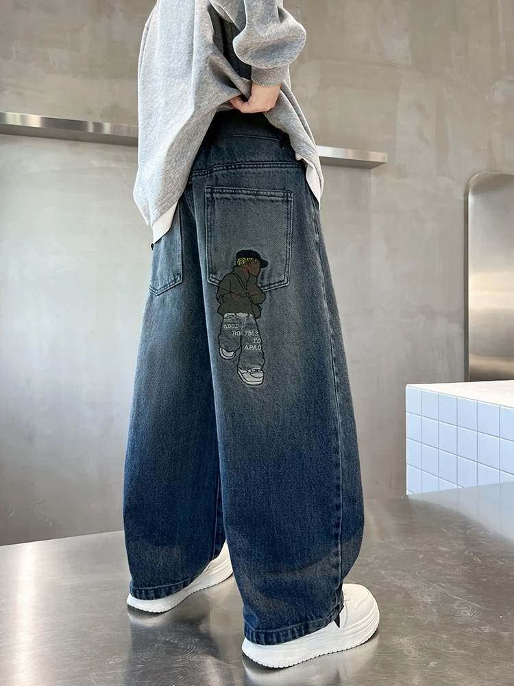 Boys Jeans Spring Autumn Fashionable Wide Leg Straight Casual Kids Denim Pants Trendy Children's Clothing Elastic Waistband - 5