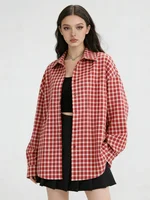 2025 Y2k automne femmes nouveau Vintage rouge Plaid col rabattu sur-chemise à manches longues Streetwear ample Patchwork Harajuku Blouses 4