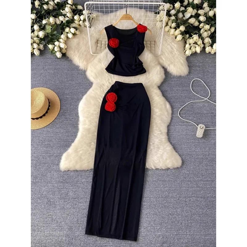 

Женский модный костюм с юбкой, элегантный облегающий комплект из двух предметов, жилет с цветочным украшением