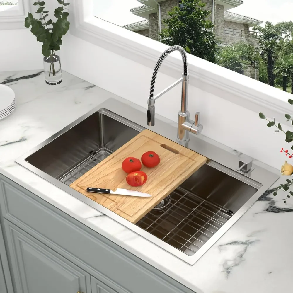 NEW-33 Kitchen Sink Drop In - 33 x 22 Kitchen Sink Ledge Workstation Topmount Drop-In Single Bowl Stainless Steel 16 Gauge Singl