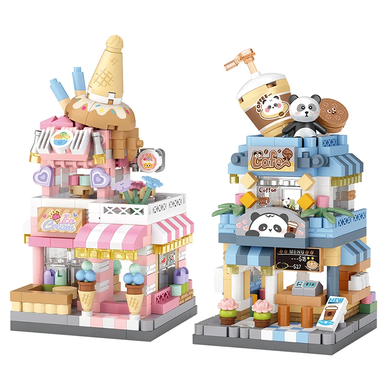 

City Street View Cafe Ice Cream Shop Building Block Set DIY Small Particle Puzzle Assembling Bricks Toy Gift Adults and Children