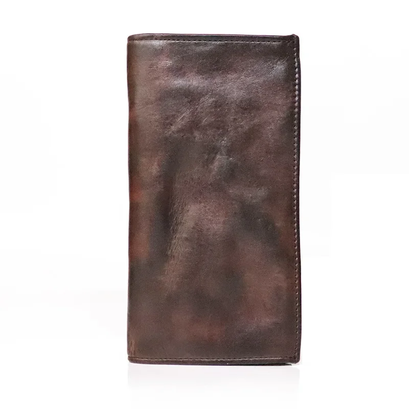 Vintage Wallet Top Layer Cowhide Vegetable Tanned Leather Handmade Old Fold Long Wallet Men's Multi Card Wallet Handheld Bag