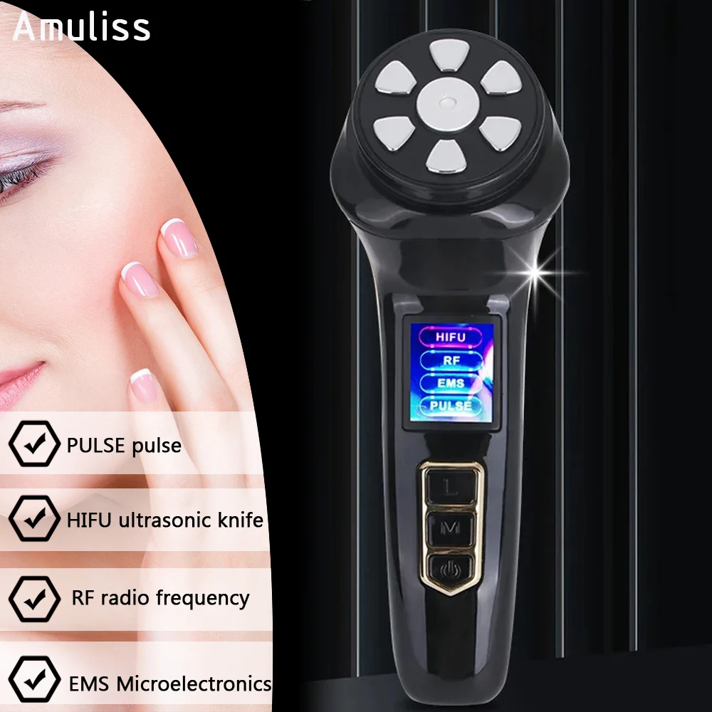 Amuliss Professional Mini Home Ems Rf Facial Lifting Pulse Neck Face Beauty Ems Led Facial Massager Device Hifu For Women metal windproof usb type c arc pulse rechargeable ignition gun aromatherapy candles mosquito incense home kitchen outdoor tool