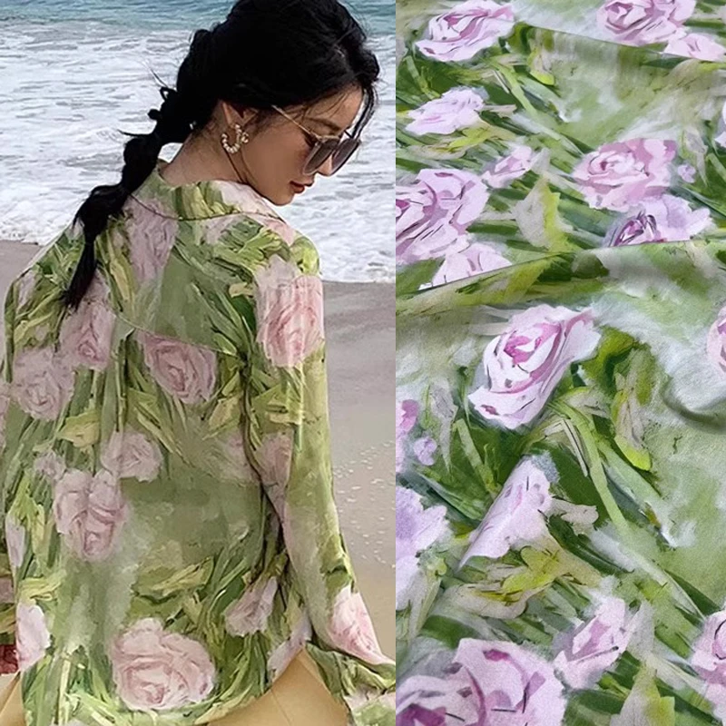 

Elastic Silk Spandex Satin Fabric with Pink Rose Print on Green-140CM Wide-Ideal for Soft Dress, Cheongsam and Scarves D1416