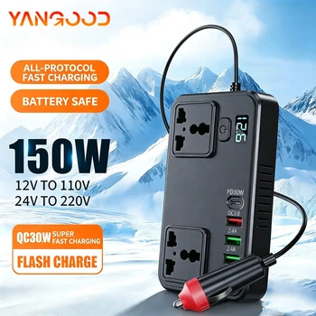 Convertitore di tensione da 150W per auto, da DC12V-24V a 110V-220V, con porte USB-A QC3.0 e Type-C PD30W, adattatore con presa.