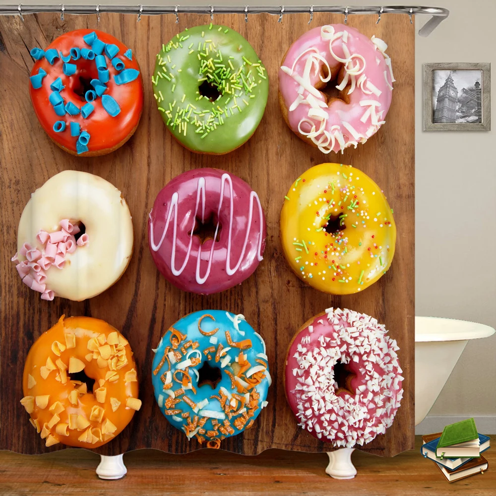 

High Quality Cartoon Cute Donut Fabric Shower Curtain Waterproof polyester Bath Curtains for Bathroom Decor with Hooks