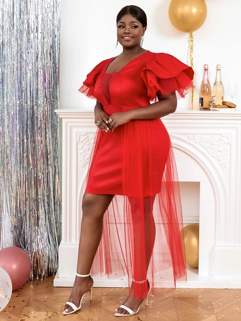 Sexy Red Party Prom Dress with Cape Overskirt Sheer Deep V Neck Puff  Layered Sleeve Train Dresses for Women Special Occasion