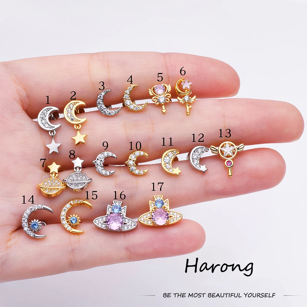 

Harong Crescent Stars Stainless Steel Stud Earrings Crystal Inlaid Shiny Sailor Moon Charm Small Earrings for Women Girl Jewelry