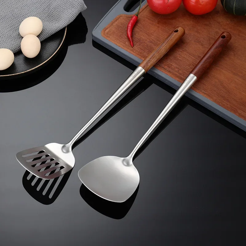 Extended 304 Stainless Steel Spatula Wooden Handle Home Kitchen Frying Cooking Utensils Spoon Leaking Spatula Cooking Tools Set