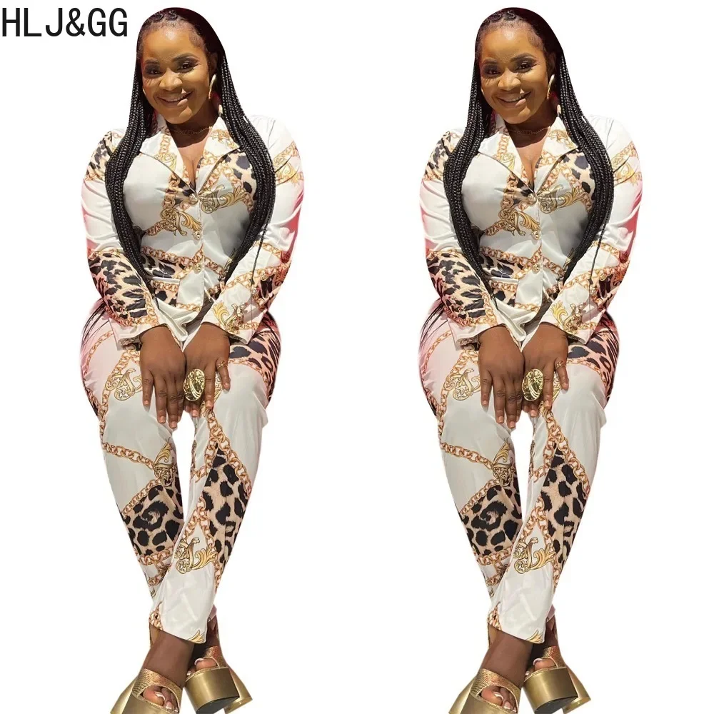 HLJ&GG Casual Retro Pattern Print Two Piece Sets Women Turndown Collar Button Long Sleeve Shirt + Pants Outfits Female 2pcs Suit