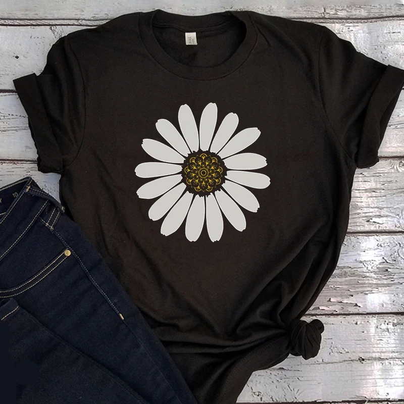 

Female Harajuku Casual Tops Tee Summer Cool Graphic Printed Black T-shirt Women Fashion Flower Short Sleeve Vintage