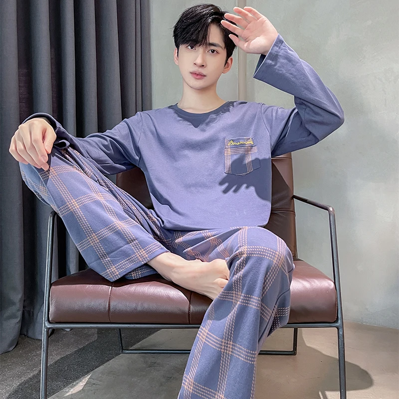 Autumn Men's Pure Full Cotton Pajamas Plaid Sleepwear Big Yards L-4XL Pajama Sets Casual Sleep&Lounge Pyjamas Pijamas Hombre