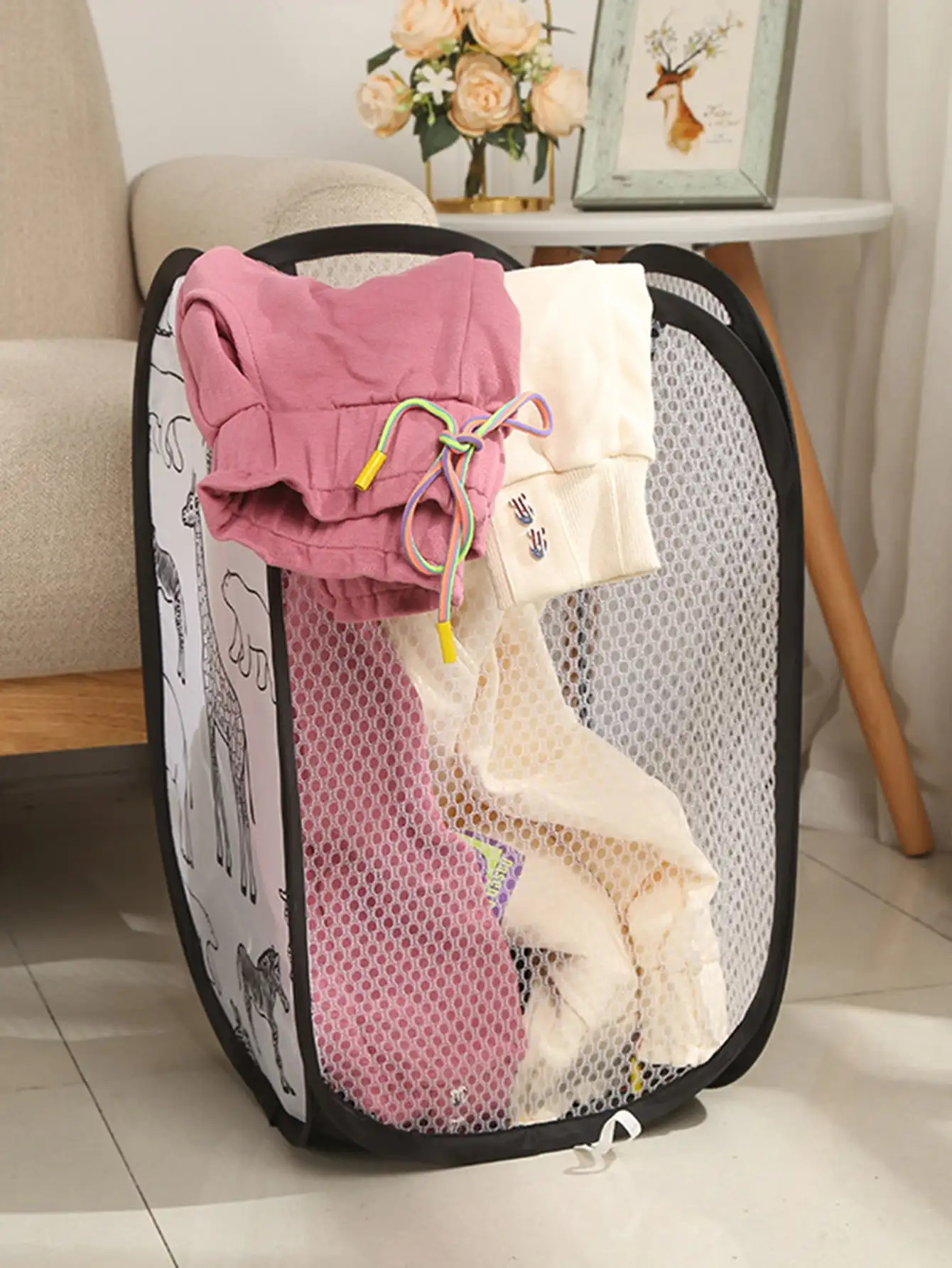 Black Storage Basket for Dirty Clothes Debris Home Laundry Basket Giraffe Printed Polyester Mesh Fabric Organizers 19x19x12" 90g 6