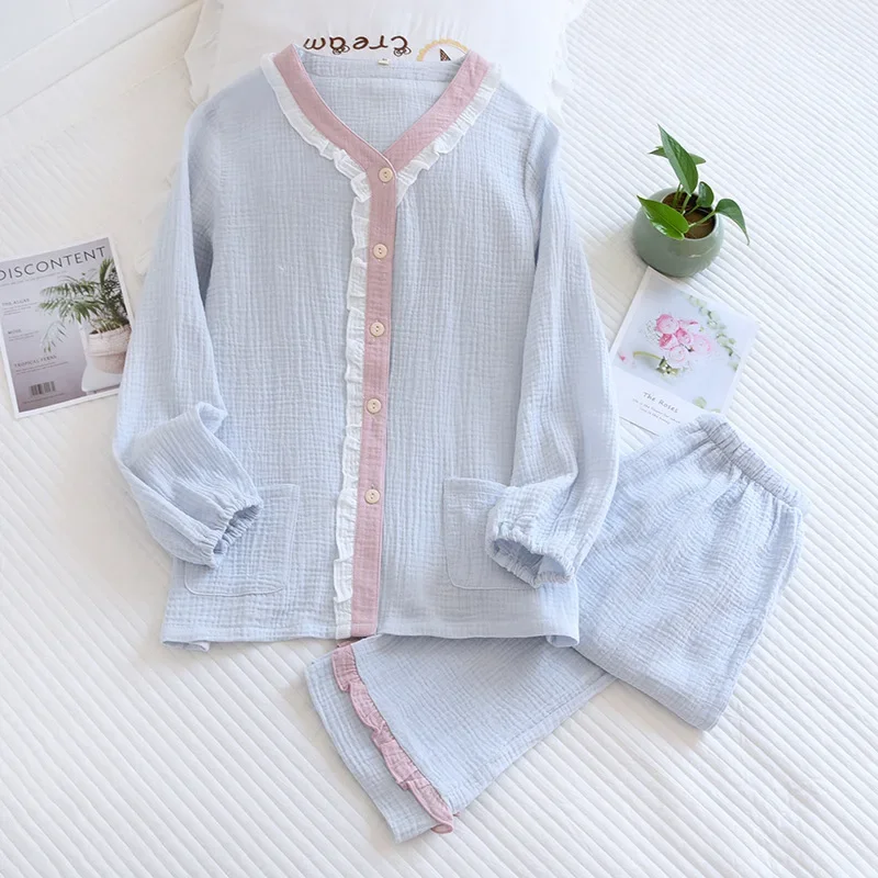 

New Color-blocked Crepe Suit Pajama Set Women 2022 Spring and Autumn Cotton Yarn Long-sleeved Ensemble Femme 2 Pièces Homewear