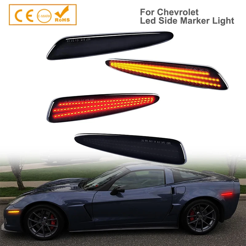 

LED Side Marker Light Kits Lamps for Chevy Corvette C6 2005-2013 Front Amber Rear Red Turn Signal Bumper Marker Smoked Lens 4Pcs