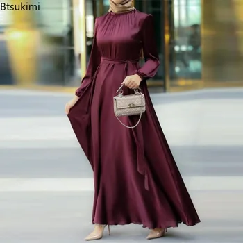 Abito lungo elegante per donna Abito da sera con maniche a lanterna tinta unita Moda Gonne lunghe con lacci Abaya musulmano Dubai Robe Femme