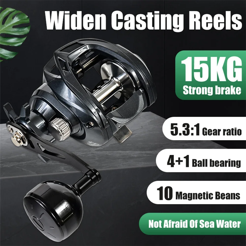 Fishing Reel 15KG Widen Casting Reels Long Casting Wide Body Teardrop Reel Baitcasting Reel 5.3:1 Anti Fry Line Metal Line Cup Fishing Wheel