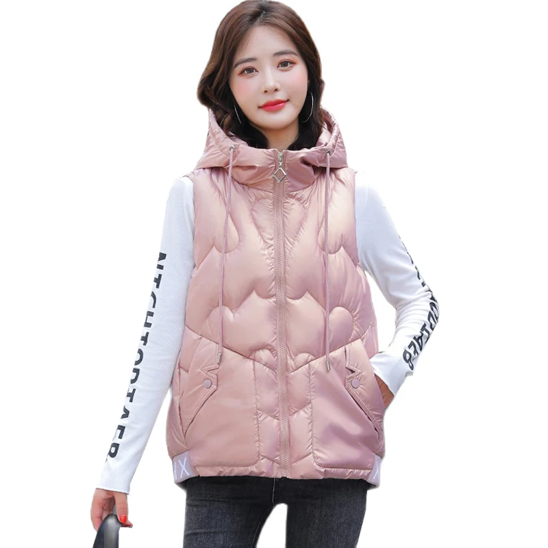 

Women Glossy Puffer Vest Autumn Winter Coat Short Casual Ladies Sleeveless Jacket Zipper Hooded Waistcoat for Female Outerwear