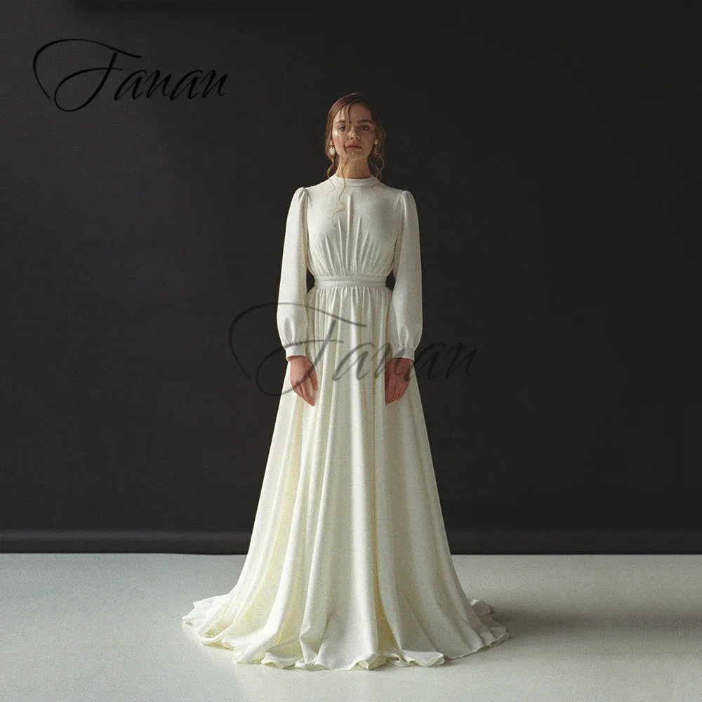 Simple O-Neck A-Line Wedding Dresses Backless Long Sleeve Satin Sweep Train Bridal Gown vestidos de novia robe  mariée платье simple boat neck wedding dress ruffles a line sweep train stain floor length robe de mariee for women bridal gown custom made