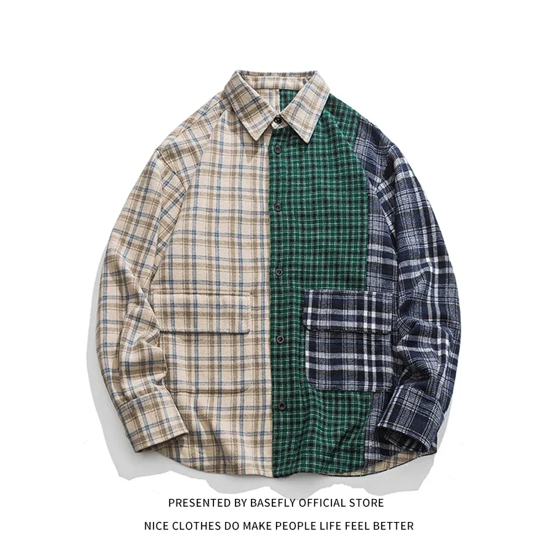 

2023 New Retro Vintage Half Patchwork Plaid Spring Pocket Men Button Unisex Women Long Sleeve Shirt Casual Streetwear Chic