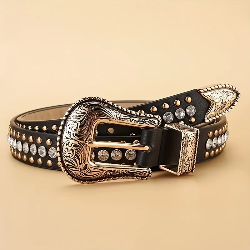 Women's Belt Vintage Carved Buckle Thin Belt Fashion Rhinestone Rivet Personalized Street Men's Belt Punk HipHop Rock Y2K Style