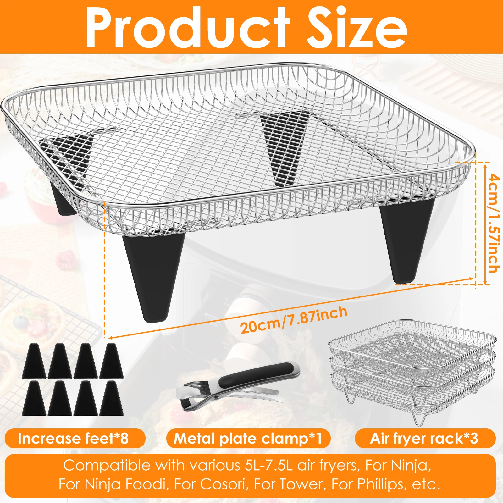 Airfryer-accessoires, 20 x 14 cm, 304 roestvrij staal, vierkante airfryer-accessoires, drievoudig grill-stoominzet, grill, heteluchtfriteuse Airfryer-accessoires, 20 x 14 cm, 304 roestvrij staal, vierkante airfryer-accessoires, drievoudig grill-stoominzet, grill, heteluchtfriteuse
