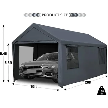 Carport Canopy 10x20 Ft Heavy Duty with Removable Sidewalls & Doors, Portable Car Port Garage Shelter for Boat, Party, Gray 2