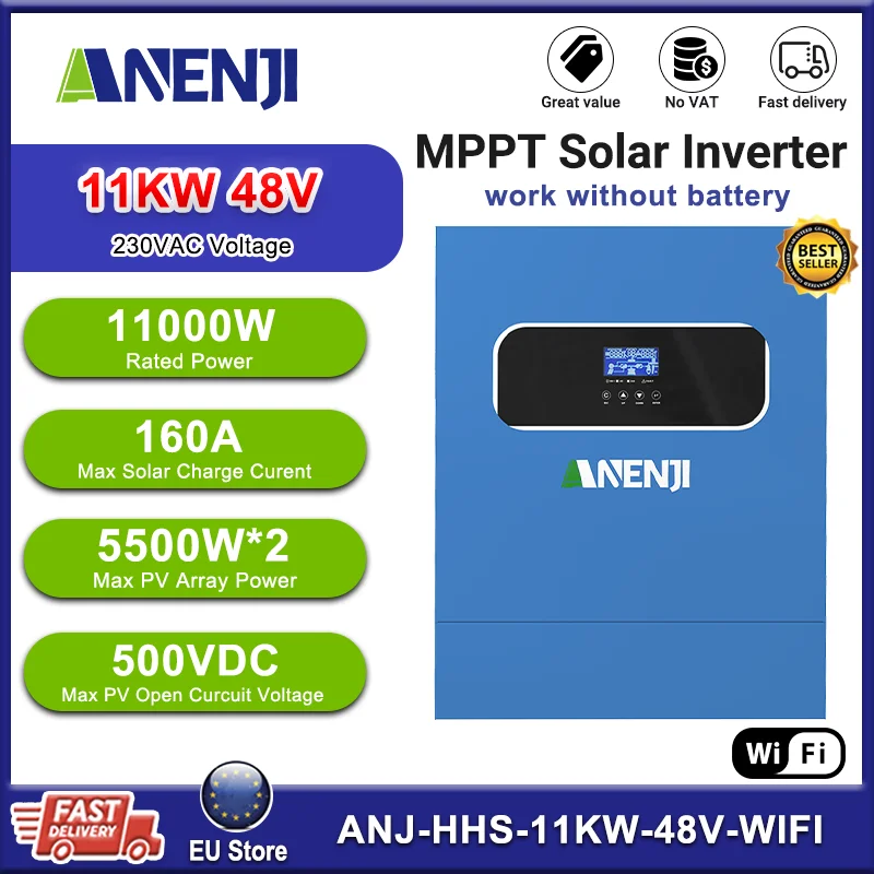 ANENJI Soalr onduleur 11KW MPPT 160A 500VDC entrée PV 220VAC 48VDC 11000W contrôleur de Charge solaire à onde sinusoïdale Pure avec WiFI BMS