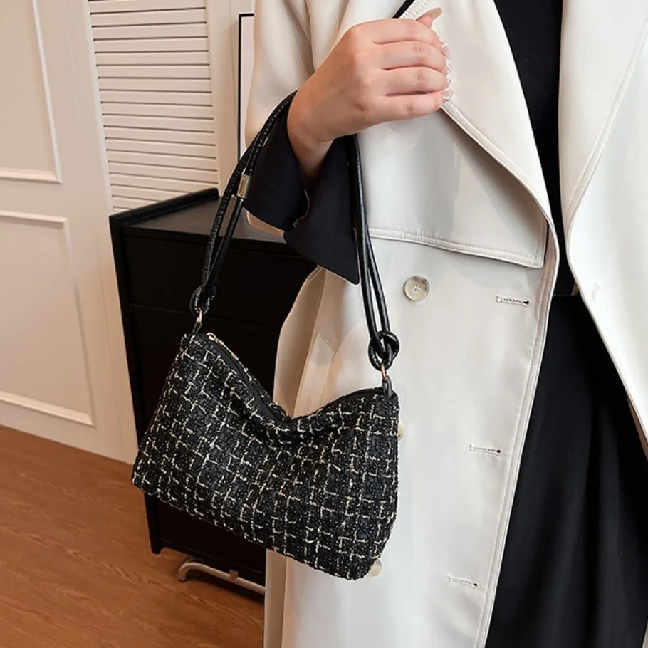 

Хобо, шерстяная клетчатая сумка на подмышках, новинка, Роскошные Дизайнерские Сумочки из лавсана, универсальная сумка через плечо в Корейском стиле с аппликацией