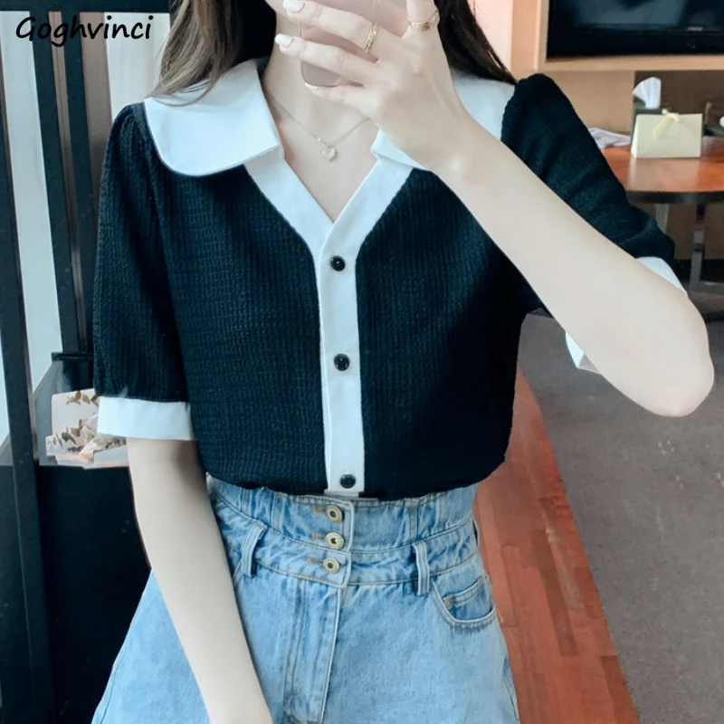 

Shirts Women Temperament Summer Fashion Simple Vintage Casual Elegant All-match Short Sleeve French Style V-neck Patchwork Muher