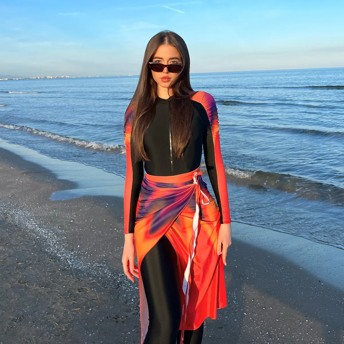 New burkini Muslim women's swimwear three-piece red gradient long sleeve trousers Sunblock zipper swimwear Summer beach Wear