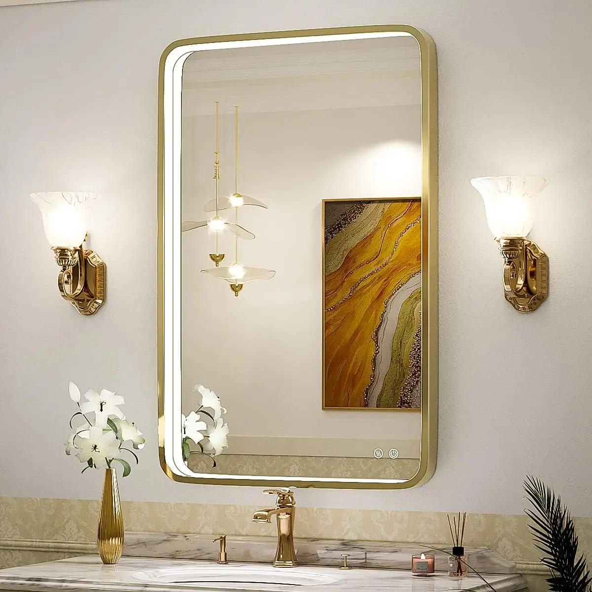 24x36 Inch LED Bathroom Vanity Mirror with lights,Wall Mounted Lighted Mirrors with Non-Rusting Gold Metal Frame