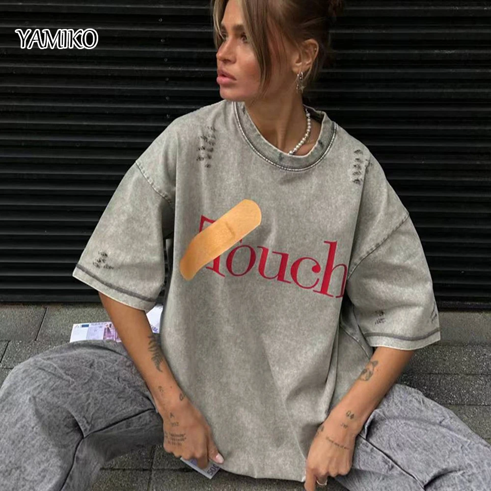 

YAMIKO 2024 New Cotton Short-sleeve T-shirt Women's Summer Loose And Versatile Simple Sports Style O-Neck Gray Pullover Tops