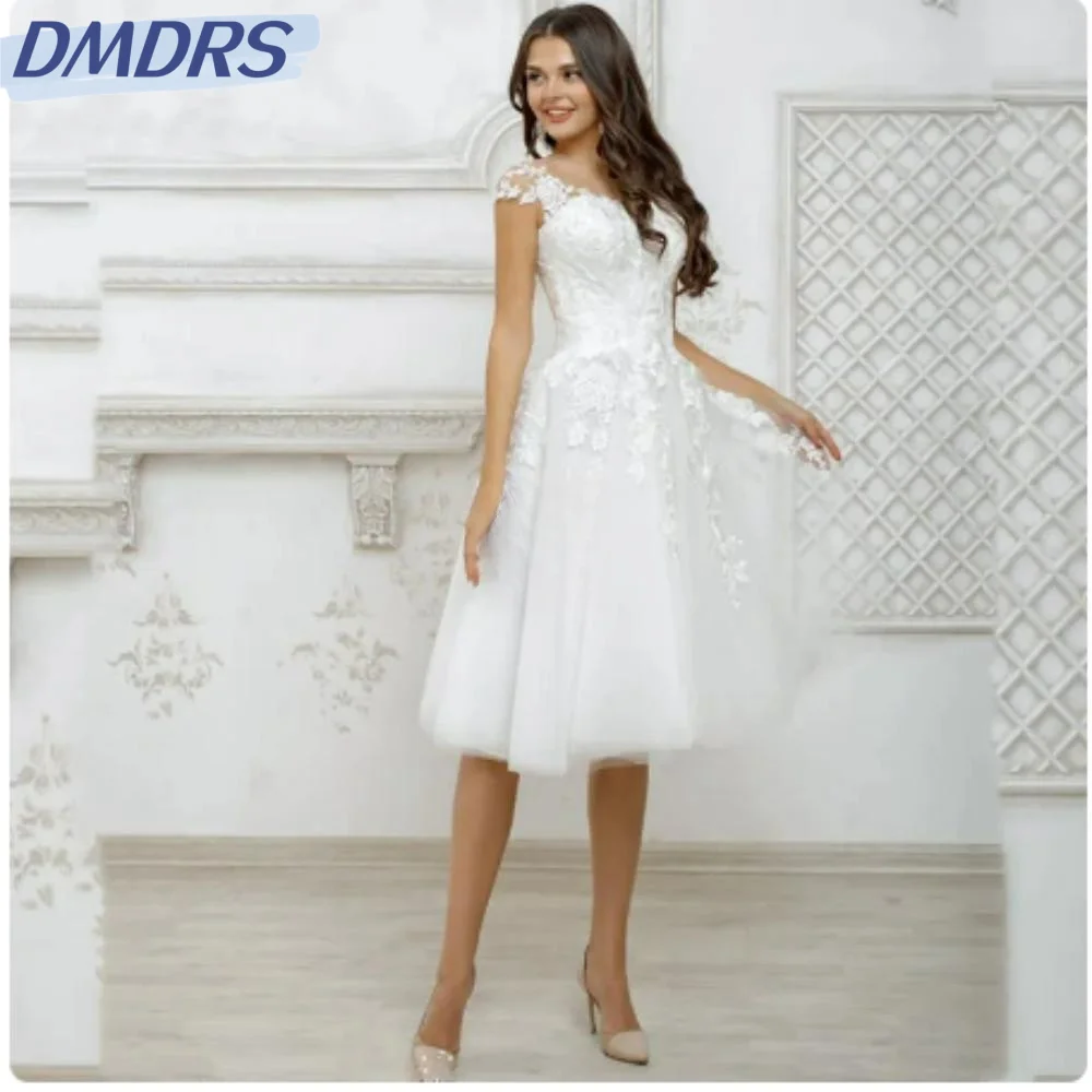 

Sexy V-neck Sleeveless Dress For Bride Classic Lace Appliques Bridal Gown Elegant Knee-length Wedding Dress Robe De Mariée