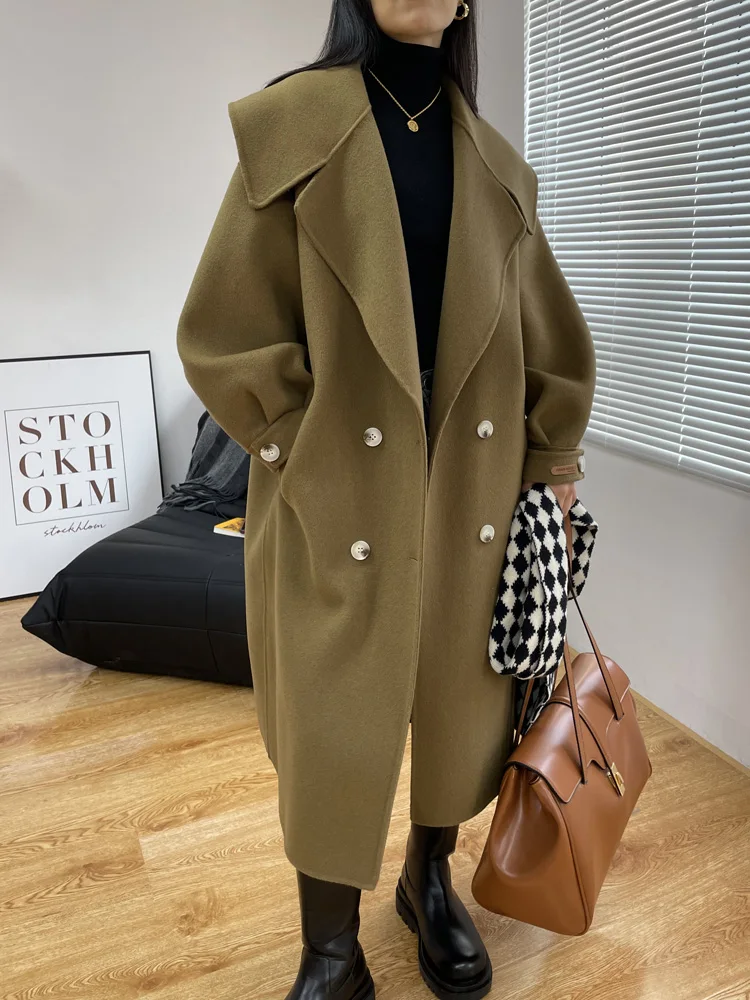 High-end Double-sided Wool Cashmere Coat Women Fashion Big Lapel Double Breasted Puff Sleeve Mid-length Wool Coat Autumn Winter