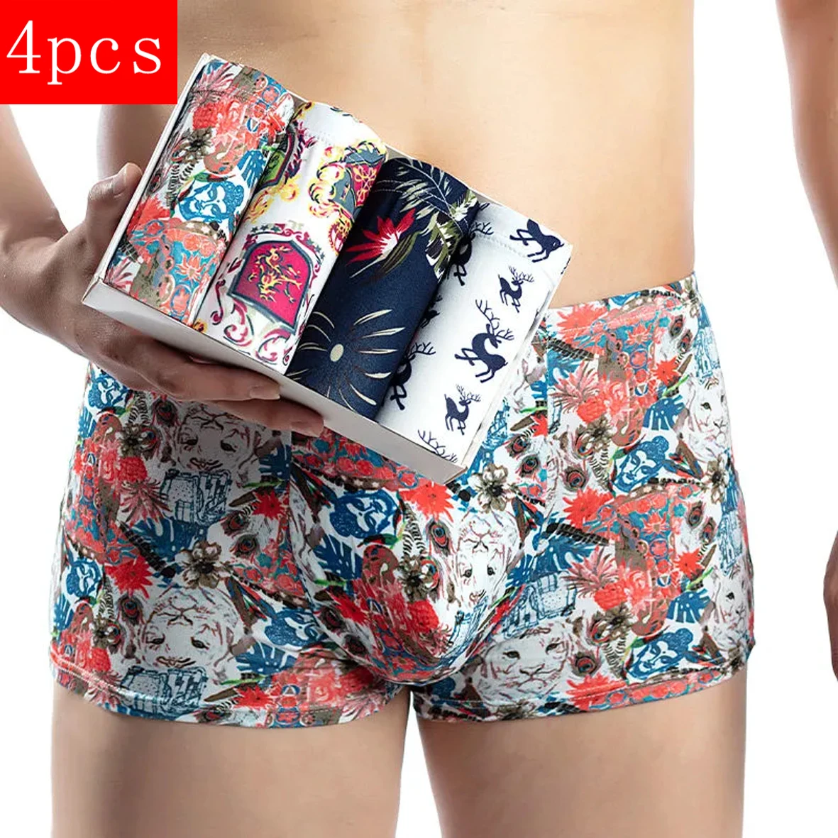 4pcs/Men's Underwear  Antibacterial Underpants Milk Silk Panties Men Boxer Shorts Moisture Absorbent Elastic Hombre Calzoncillos