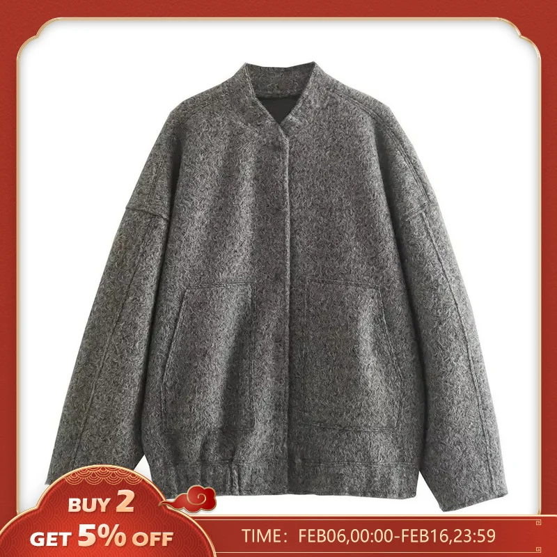 2023 chaqueta bomber de gran tamaño para mujer a la moda con bolsillos, manga larga vintage, botón a presión para mujer