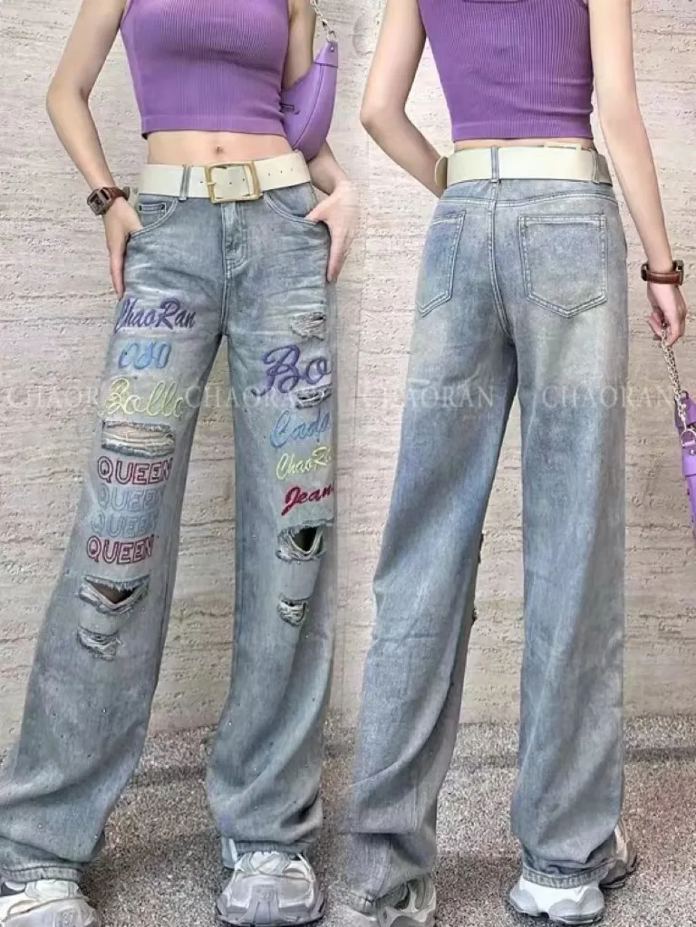 

Новинка лета 2024, джинсы с дырками, тонкие широкие штаны с высокой талией, вышивка в стиле ретро, новые прямые свободные брюки