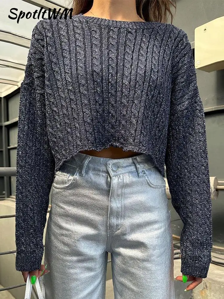

Solid O Neck Sweaters For Women Causal Long Sleeve Thread Knit Cropped Pullover Autumn Elegant Office Ladies Chic Loose Jumpers