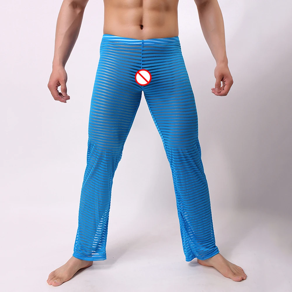 Sexy Men Sleepwear Pants See-Through Breathable Stripe Breathable Soft Pajamas Sleep Bottoms  Trousers Homewear Underpants men's pajama sets