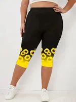 Women's Plus Size Summer Fashion Sunflower Print Leggings Fitness Sports Seven Point Leggings Casual  Yoga Leggings - Image 3