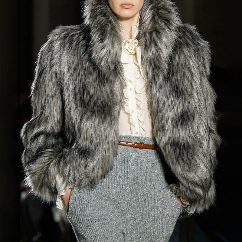 Luxury Brand Runway Fluffy Faux Fur Coat Women Luxurious Fox Fur Stand Collar Short Jacket Winter Streetwear Overcoat