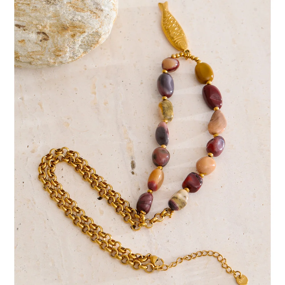 Yhpup Natural Stone Beads Chain Fish Pendant Necklace