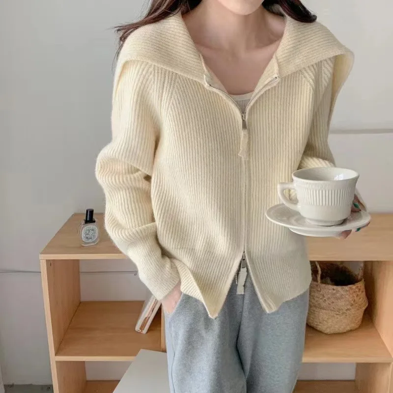 

Big lapels double ended zip sweater jacket women's new loose knit cardigan top