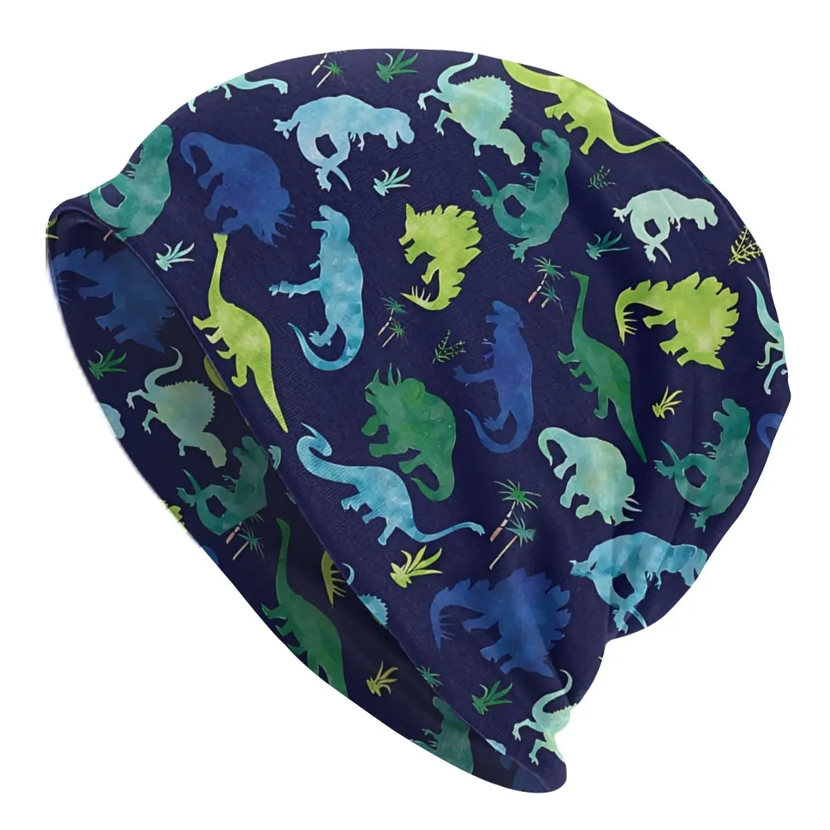 

Watercolor Dinosaur Blues Greens Dino Bonnet Homme Fashion Thin Skullies Beanies Dinosaur Animal Caps For Men Women Style Hats