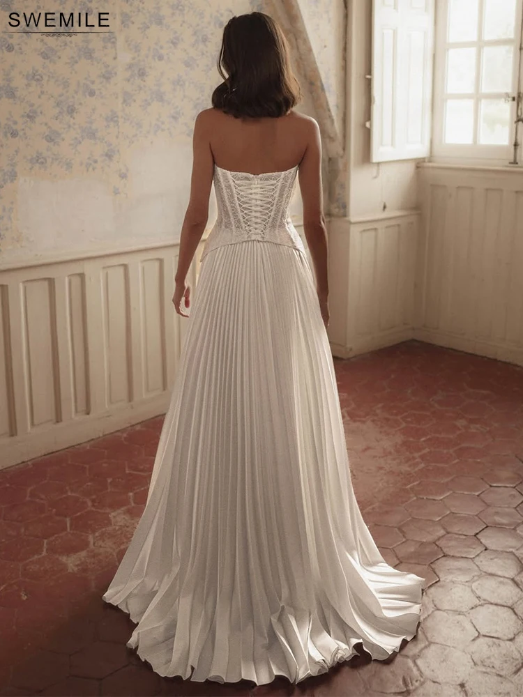 SWEMILE Vintage Pleat Strapless Evening Dresses Corset Lace Appliques Elegant Prom Gown Simple Wedding Party Vestidos Customized 2