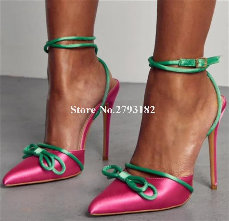 

Women Satin Pumps Newest Rope Bowtie Stiletto Heel Ankle Straps Buckle Dress Heels Red Black Pink High Heels