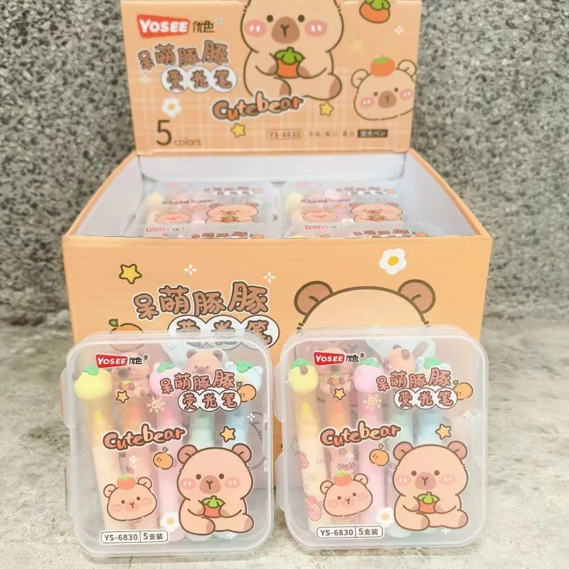 5Pcs/Set Cute Silicone Head Capybara Highlighter Pen Set Cartoon Art Fluorescent Markers Pens School Stationery Kids Gift