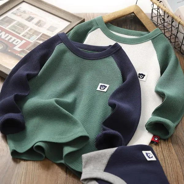 Boy's Long-Sleeved T-shirt 2022 Spring and Autumn Sweater Children's Raglan Sleeve round-Neck Shirt Baby Waffle Casual Top