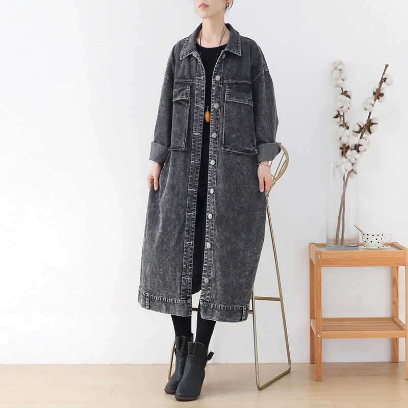 

SuperAen Autumn New Distressed Washed Denim Trench Coat Women's Loose Fashion Top Jeans Long Trench Coat